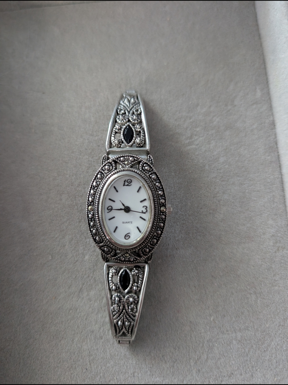 Vintage Art Deco Style Marcasite & Onyx Glass Cocktail Watch - Working